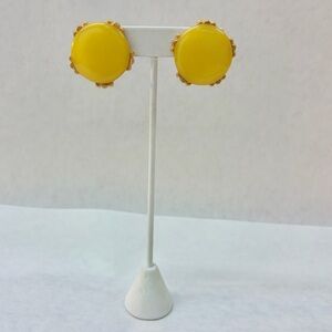 Yellow Gold Tone Large Round Button Clip On Vintage Earrings